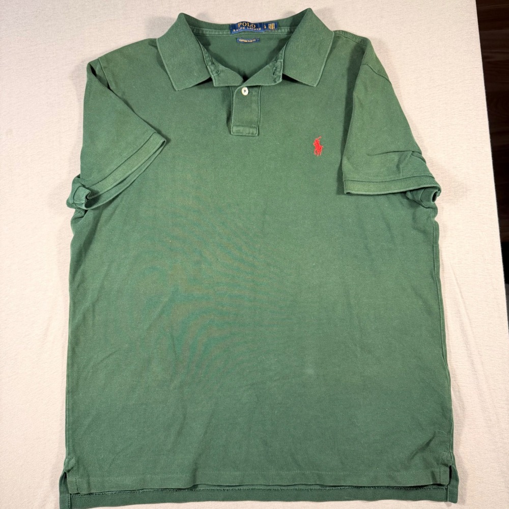 Polo Ralph Lauren Mens Custom Slim Fit Pique Polo Shirt Green Red Pony Large - Picture 2 of 5
